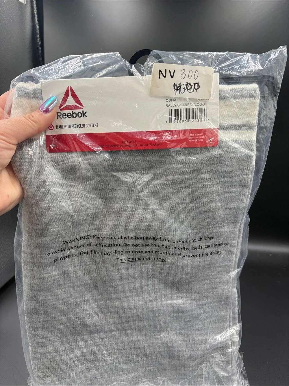 Brand New Reebok Gray & White Logo Knit Scarf with Fringe